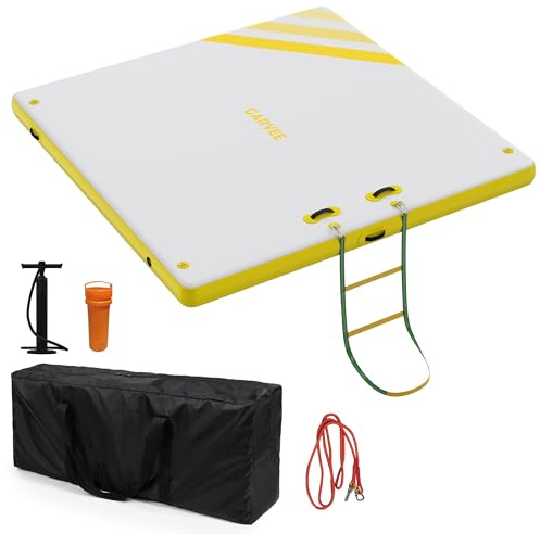 rutschfeste aufblasbare Schwimminsel, Floating Dock Plattform für Erwachsene, Multi-Personen Schwimmmatte mit Tragetasche, Pumpe & Seilleiter für See, Pool, Strand, Wasser-Liege, 3x3 m, Gelb