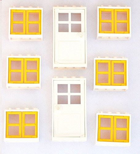 LEGO 6 White Window Frames with Yellow Panes and 2 White Doors