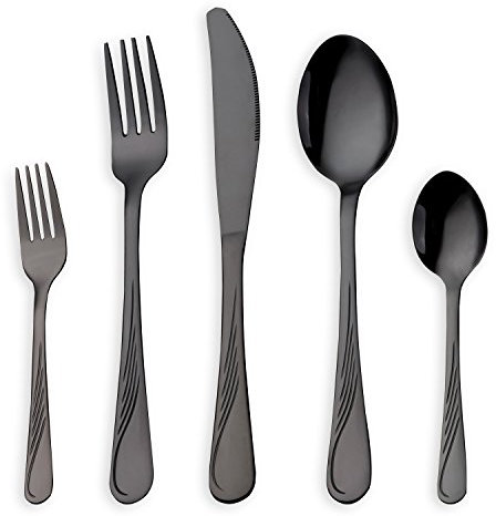 30 Stück Edelstahl Besteck Set, schwarz Besteck Set, Messer Gabeln Löffel Set für 6 Personen (schwarz, 6 Sets)