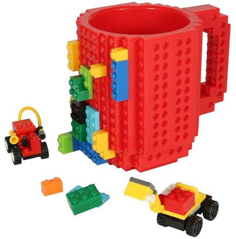 Lumsburry Build-on Brick Coffee Mug, Funny DIY Novelty Cup with Building Blocks Creative Gift for Kids Men Women Xmas Birthday (Red)