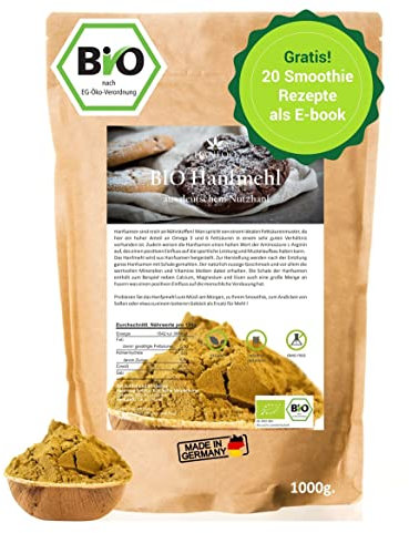 BIO Hanfmehl 1kg aus Deutschland + Digitales Rezeptbuch (PDF) - veganes Hanfsamen-Mehl - als Alternative zum Hanfprotein