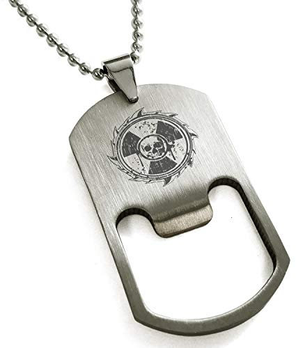 Tioneer Stainless Steel Radioactive Sawblade Skull Engraved Bottle Opener Dog Tag Pendant Necklace