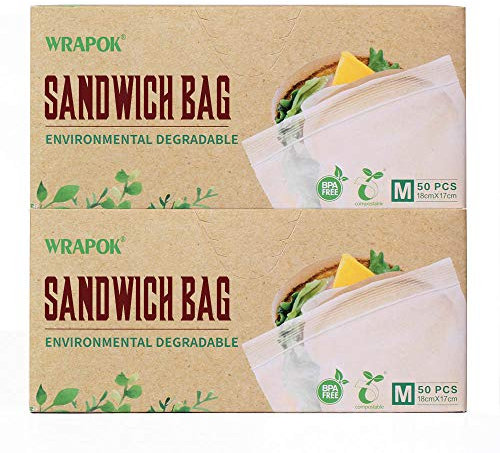 WRAPOK 100% Compostable Sandwich Freezer Bags Small Biodegradable Ziplock Bag for School or Work, 100 Count