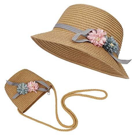 FT-SHOP Strohhut und Kleine Tasche Set Mädchen Kinder Sommer Sonnenhut mit Blumendekoration für den Urlaub Reise Outdoor-Aktivitäten