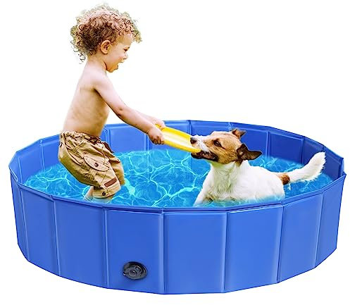 Foldable Dog Pool, Paddling Pool for Dogs Cats Pet Kids Outdoor Indoor Swimming Pool PVC Non-Slip Hard Bathing Bath Tub for Garden, Patio Bathroom Large Dog Pool L 120*30cm, Blue