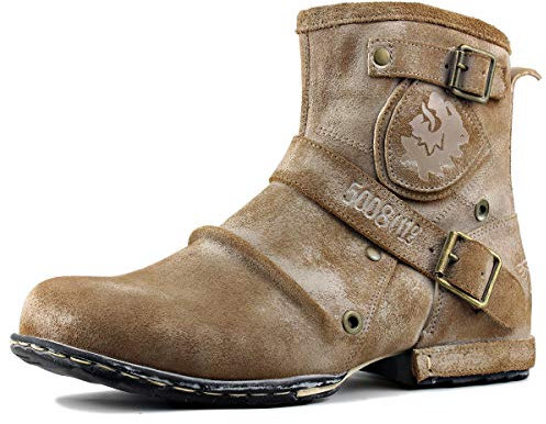 OSSTONE Chukka Stivali Cowboy Biker Boots Maschio Mens Motociclo Botas Cerniera su in Pelle Vitello Western retrò Stile Uomo Stivali Piatto Caviglia Stivaletti Boots 5008-1-F-IT Beige 9.5