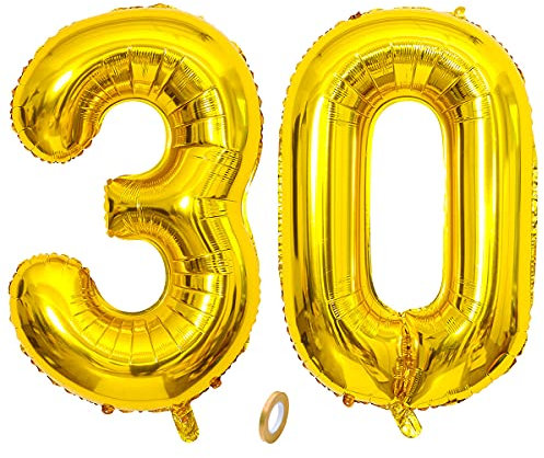 Jrzyhi Ballons Zahlen Luftballon 30.Geburtstag Golden Riesen Folienballon Zahl 30 Helium Nummer Große XXLNummer 30.Happy Birthday 30Jahre Riesenzahl Ballons für Geburtstag, Hochzeit Party Deko 32zoll
