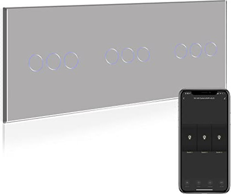 BSEED WiFi Interruptor de Luz 3 Gang 2 Vías Triple Interruptor Inteligente con Panel de Vidrio Gris,Compatible con Alexa y Google Home, Control de App y Función de Temporizador-Neutral Requerido