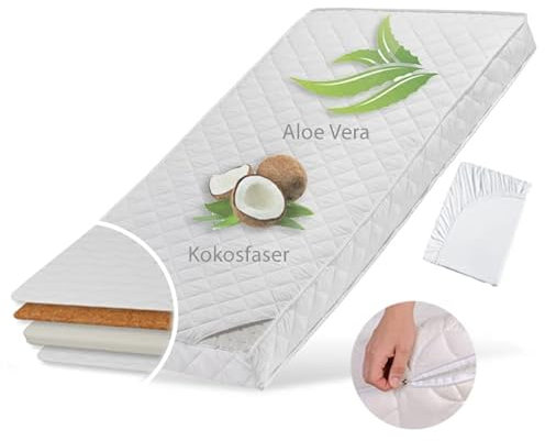 Babymatratze 70x140 cm KOKOS mit gestepptem Aloe Vera-Bezug, Spannbettlaken, 10 cm hoch, Babymatratze Kindermatratze 70 x 140 Kokos-Matratze für Babybett oder Kinderbett, Körpergewicht bis 60kg