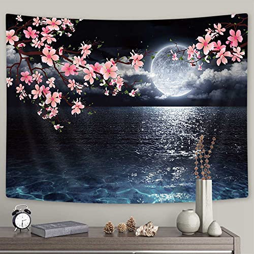 Ocean Moon Wandbehang – Rosa Kirschblüte Japanische Anime-Landschaft Wandteppich für Schlafzimmer Wohnzimmer Dekor – künstlerisch 180 x 152 cm