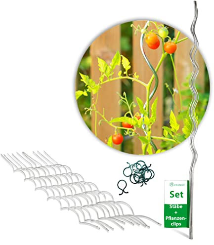 Novatool 10x Tomatenspiralstab 110 cm und 20x Pflanzensicherung I Pflanzenbefestigungen Stab Tomatenrankhilfe für Topf Gewächshaus I Metall verzinkt stabil Pflanzstab Tomate Pflanzenklammer