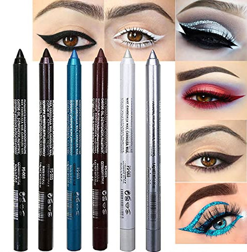 evpct Set di 6 penne per eyeliner con glitter di colore blu, blu scuro, azzurro, verde, viola, rosso, rosa, metallizzato, set da donna impermeabile (set 01, confezione da 6 pezzi)