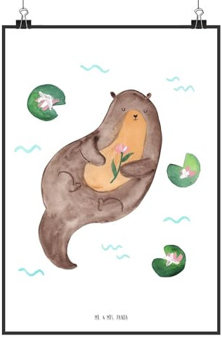 Mr. & Mrs. Panda Bild Otter Seerose DIN A4 - Geschenk, Wasser, Seeotter, Deko, wanddeko, Fluss, Wandbild, drucke, Plakat, glücklich