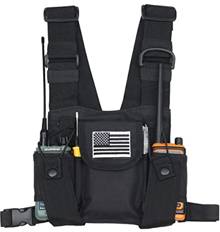 MANGEMA Radio Shoulder Holster Chest Harness Holder Vest Rig for Universal Two Way Radio Chest Front Pack Pouch Walkie Talkie Case with Front Pouches for Kenwood Retevis Baofeng UV5R F8HP UV82, Black,