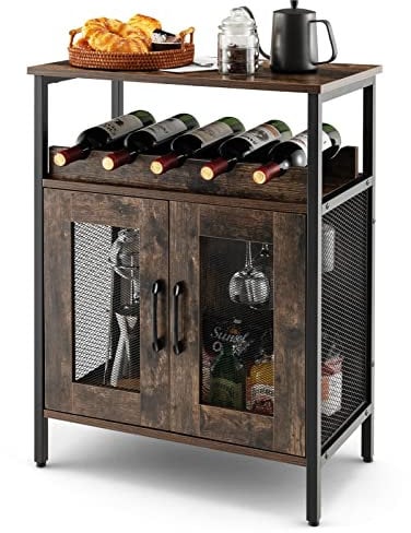 Giantex Mueble de Bar de Vino, Aparador Industrial con Portabotellas y Portavasos de Vino Extraíbles, Mueble de Almacenamiento con Puerta de Metal Tostado, Ideal para Sala de Estar, Cocina, Comedor