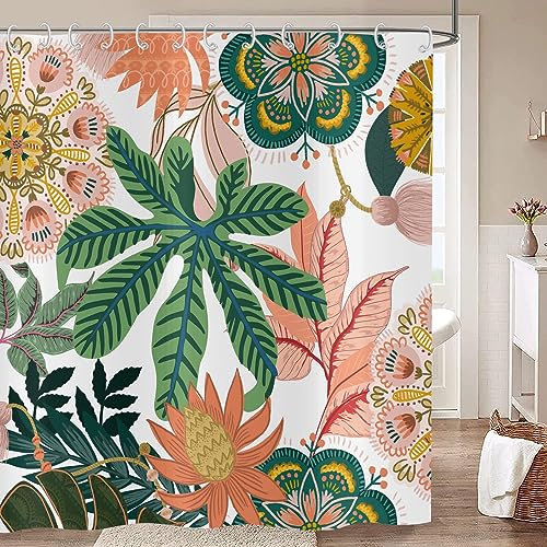 Hnmdmyi Duschvorhang Boho Blumen 180x180, Abstrakte Böhmische Blumen Tropische Blätter Bunte Badewanne Vorhang Mid Century Modern Ästhetische Kunst Wasserdicht Polyester Stoff Waschbar Badevorhang