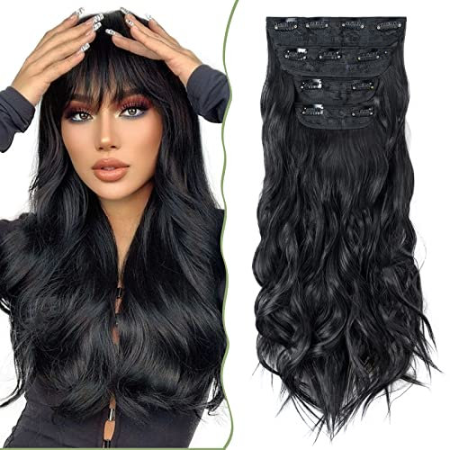 SEGO Clip in Extensions 4 PCS Wavy Haarverlängerung günstig Haarteil Haare Locken mit Klips für vollen Kopf 55 cm Schwarz Braun