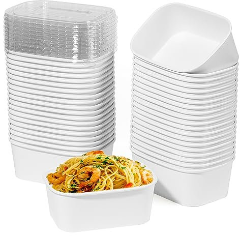 Giwrmu Lot de 50 saladiers jetables en papier de 880 ml avec couvercles transparents, grands bols à salade carrés en papier avec couvercles utilisés pour salade, crème glacée, nouilles, barbecue