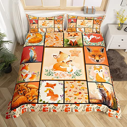 feelingyou Kawaii Fox Bedding Set,Orange Fox Grid Comforter Cover Set for Teens Women Room Decor,Cartoon Wild Animals Duvet Cover Breathable Cute Fox Bedspread Cover Double Size