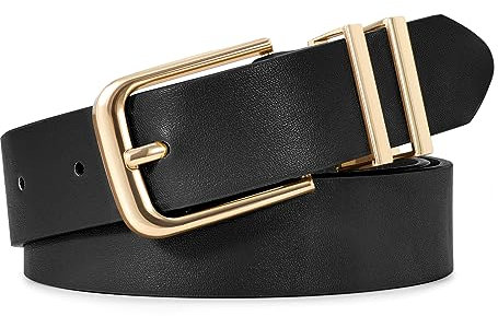 XZQTIVE Damen Casual Ledergürtel, Frauen Ledergürtel für Jeans Hosen Damen Kleid Gürtel, Schwarz/Goldschnalle, Passt Taillenumfang 65-75cm