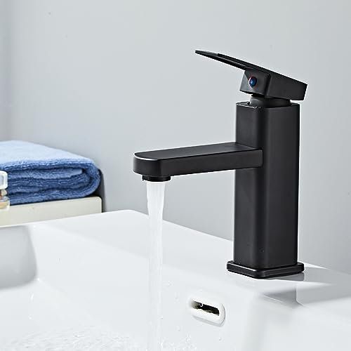 Sumeber Robinet de salle de bain argenté - Robinet de lavabo carré - Mitigeur de salle de bain en acier inoxydable - Mitigeur monocommande - Robinet de salle de bain avec tuyau d'entrée d'eau (carré