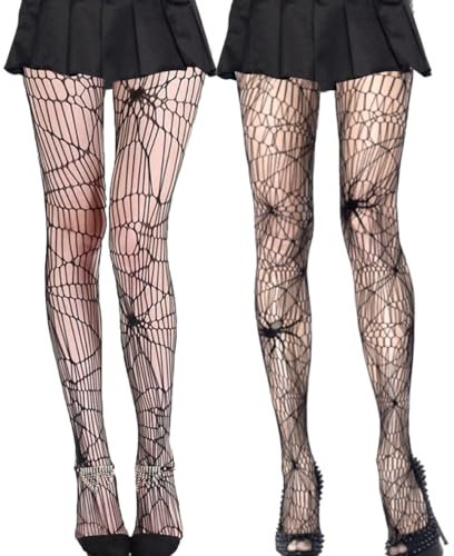 LGZIN 2 Paar Netzstrumpfhose Schwarz, Stumpfhose Spinnennetz Halloween, Damen Netz Strumpfhose, Fischnetz Strumpfhose mit Spinne, Knochen Muster, Fishnet Tights für Halloween, Karneval, Gothic Party