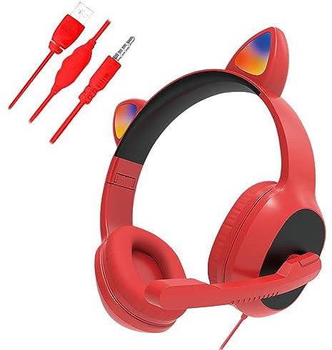 fesoklaf Cat Ear Headphones, Wired Gaming Headphones with Adjustable Mic, Kids Adults Noise Canceling Surround Sound Headphones For Mobile Phone/TV/Tablet/Computer/Laptop/PS4/Travel/Home (Red)