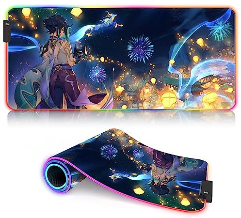 Tappetini per Mouse XL LED Genshin Impact RGB Big Full Keyboard Tappetino da scrivania Xiao per Computer Laptop Gamers personaggio del gioco 7 Colori e 12 modalità (35x60cm)