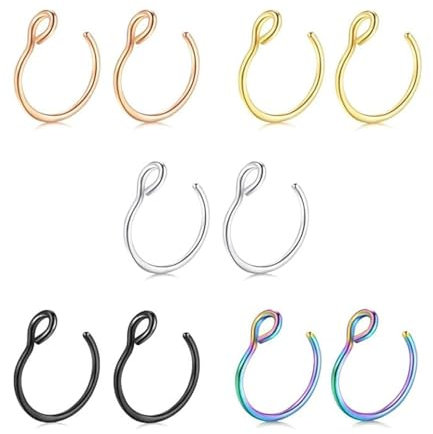 Ozmw 5 Pièces Faux cerceau de perçage de nez, Faux piercing de nez, Boucle d'oreille, Bijoux de perçage (noir, argent, or, or rose, multicolore)