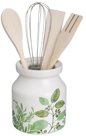 Juego de porta utensilios con 4 accesorios de hojas de cerámica stoneware blanco y verde de Ø 12x13 cm
