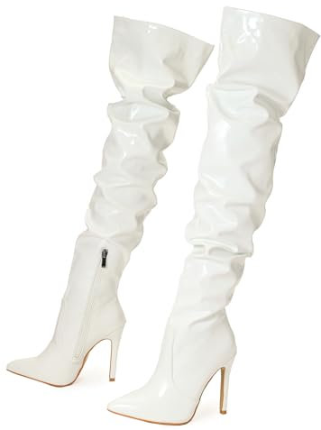 Stivali Alti al Ginocchio da Donna Stivali sopra Il Ginocchio Tacchi a Spillo Stivali Alti alla Coscia Stivali Lunghi in PU per Donna Punta a Punta con Cerniera Laterale,Bianca,38