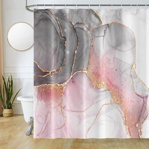 Uiiooazy Duschvorhang Rosa Gold Marmoriert Optik Abstrakt Duschvorhang Anti Schimmel Wasserdicht Polyester Stoff Waschbar Bad Vorhang mit 12 Haken für Badezimmer 180Bx180Hcm