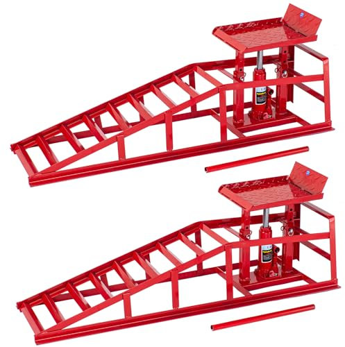 AIM Tools 2 Pack Steel Car Ramps with Hydraulic Jack, 5 Ton Loading Capacity Lifting Platform, Height Adjustable Drive-up Ramp for Workshop Garage Car Repair Maintenance