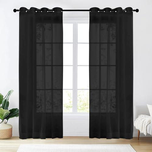 NAKIHOUSE Voile Curtain 63 Drop 2 Panels Net Curtains for Windows Eyelet Top Sheer Curtains for Kitchen Living Room Bedroom Window Treatment, Black Voiles, 52 x 63