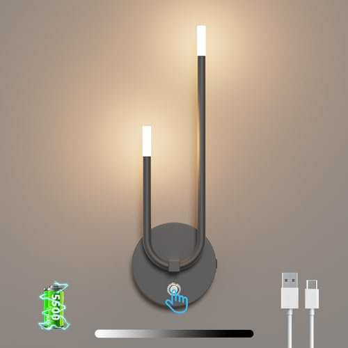 Aipsun akku wandleuchte innen Anthrazit, akku wandleuchte magnetisch, 𝟓𝟓𝟎𝟎𝐦𝐀𝐡, Touch 3000K, kabellose Wandleuchten modern für Schlafzimmer Wohnzimmer, Flur, Treppenhaus