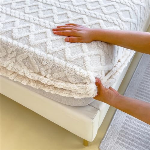 Mateju Spannbettlaken aus Fleece Jacquard Weich Verdickt Bequem Luxus Einfarbig Spannbetttuch für Boxspringbett, bis 28cm Matratzen Höhe, Bettlaken mit Rundum Gummizug (150x200cm,Beige)