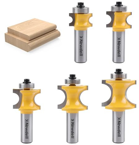 Newdeli 5Pcs Bullnose Router Bit Set 1/2 Inch Shank - Radius 1/8 3/16 1/4 5/16 3/8 - Carbide Bearing Half Round Edge Router Bits for Door Table Cabinet Shelve