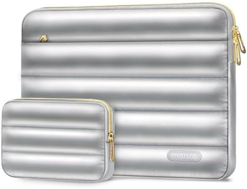 MOSISO 13-14 inch Laptop Case, 13.3 inch Shiny Puffy Laptop Sleeve Compatible with MacBook Air 13.6 M4 M3 M2 M1/Pro 13/Pro 14, HP ASUS Lenovo, Horizontal Computer Bag with Small Case, Silver