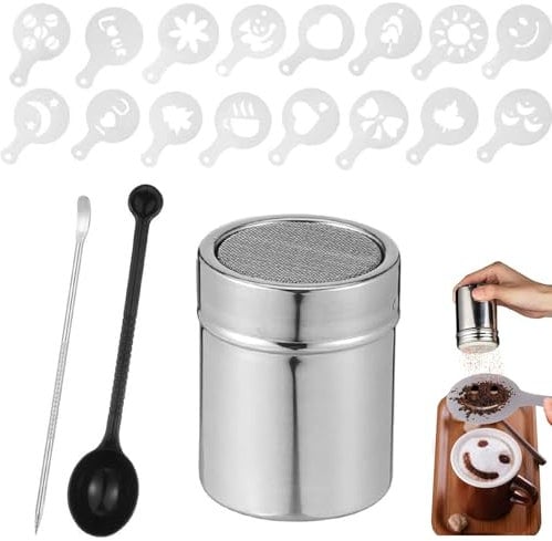 Edelstahl Puderzuckerstreuer,Schokoladenstreuer,Kakaostreuer für Cappuccino mit 16 Barista-Schablonen + Messlöffel + Barista Stift,Kaffeezubehör Werkzeuge für Kaffee Cappuccino Heiße Schokolade