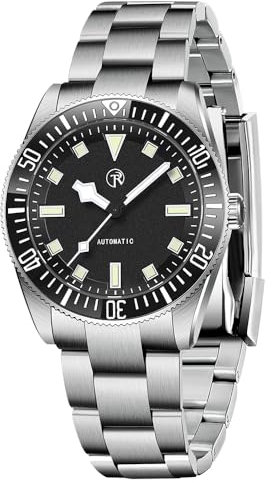 RollsTimi 7910 Herren Armbanduhr NH35, Automatikuhr, selbstaufziehend, Edelstahl, 100 m wasserdicht, Keramik Lünette, verschraubte Krone, stilvolle lässige Armbanduhr, Schwarz, Armband