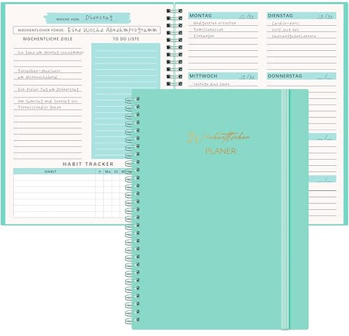 Qefuna Undatierter Wochenplaner,Terminplaner A5,wöchentlicher Terminkalender mit To-Do-Liste,PP Shell,104 Seiten 100 Gramm Papier,dem Hardcover -Ringordner,auf Deutsch(Blau Grün)