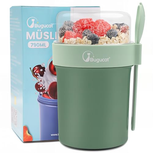 Bugucat Müslibecher To Go 560ML+230ML, Yoghurtbecher To Go mit Löffel und Deckel, Auslaufsicher Müsli To Go Becher mit Soßenbox, Joghurtbecher Müslibecher für Joghurt Haferflocken Salate Obst Grün