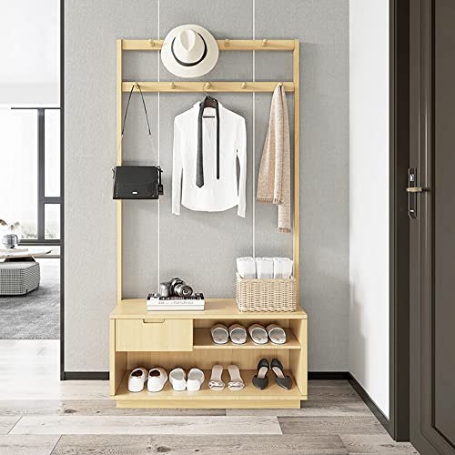 Garderobenständer Kleiderständer aus Bambus mit Bank und Schublade multifunktionale Schlafzimmergarderobe mit 2 Ebenen Schuhregal und 10 Haken für Schlafzimmerflur 0 x 35 x 10 cm