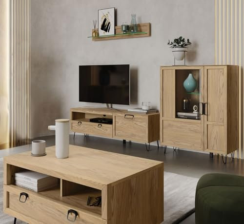 Feldmann Preiswert Wohnen Wohnzimmer-Set Wohnwand Limbo 4-teilig Eiche Artisan teilmassiv