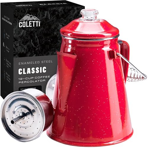 COLETTI Percolateur classique – Cafetières de camping, percolateur à café – La cafetière de camping originale, maintenant modernisée – Pour les brasseurs de camping partout [émail rouge, 12 tasses]
