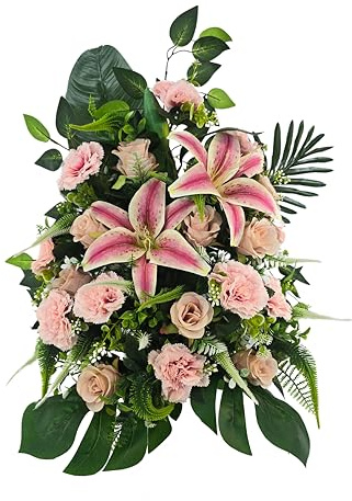 DRW Kunstblumen-Zentrum, Friedhof, Kirche, Hochzeitsgräber, Rosa, Fuchsia, mit Lilien Nelken und Rosen, 63 x 30 x 63 cm