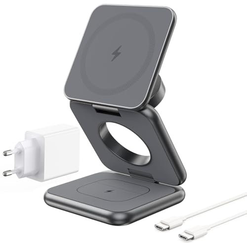KU XIU X40 3-in-1 Wireless Charging Station for iPhone 16/15/14/13/12, 5W Fast Charging for Apple Watch S10/Ultra/9/8/7, AirPods 4/3/2/Pro - Foldable Magnetic Wireless Charger with 20W Adapter, Grey