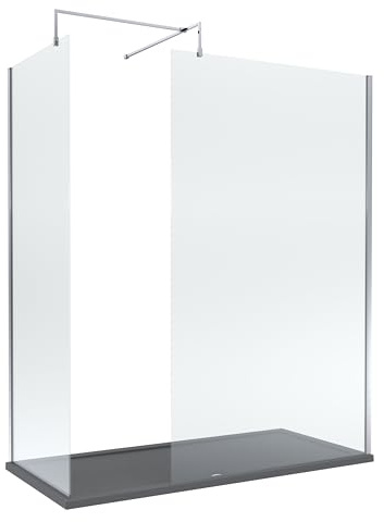 Balterley Wetroom Screen Set with Support Bar & Tray, 2X Shower Glass, Support Bar Kit, Slate Grey Rectangular Shower Tray, Toughened Safety Glass Screens with Arm Bracket for Bathroom (Chrome/Grey)
