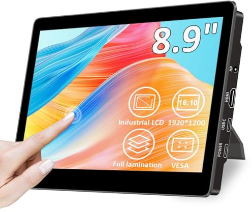 Magedok Monitor touch da 8,9 pollici con supporto, 1920 x 1200, 16:10, 450 nits, collegamento ottico, porta HDMI/USB-C, mini display per laptop Mini PC (1920 x 1200, 9 Pollici)