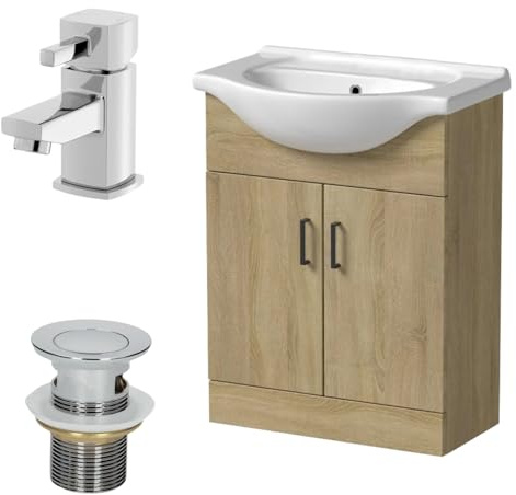 Affine® 650mm Bathroom Vanity Unit Ceramic Sink Floorstanding Storage Cabinet Cupboard & Misa Basin Tap & Waste Set, Oak Effect